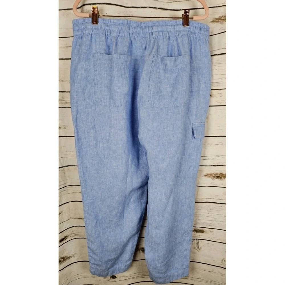 Talbots Blue Chambray Cargo Pull On Pants L Drawstring 100% Linen Cropped